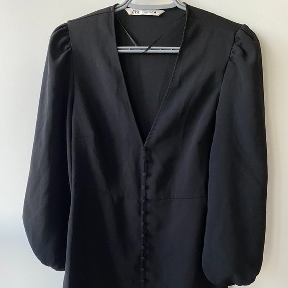 Zara Buttoned V Neck Balloon Sleeve Dress - Picture 2 of 7